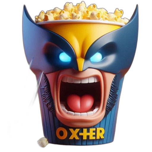 3d render, concept art, image, features, wolverine-shaped, popcorn, container, glass transparent PNG cut-out
