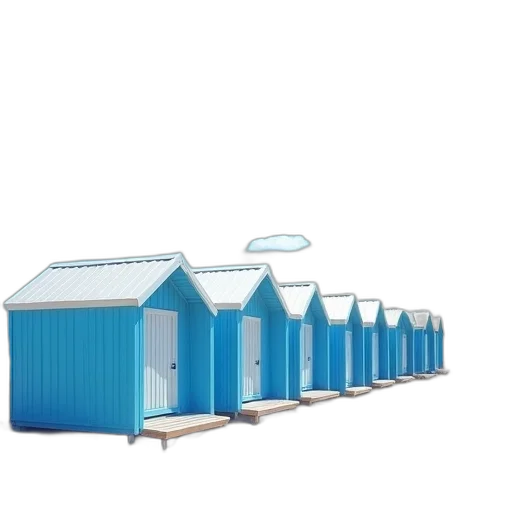 building, furniture, 3d render, concept art, row, blue, beach, huts transparent PNG cut-out