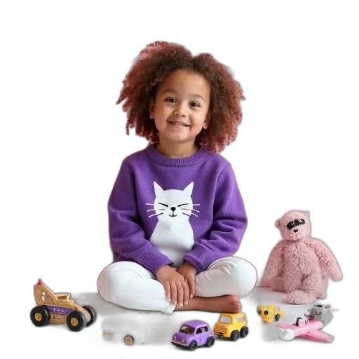 young, girl, curly, hair, wearing, purple, sweater, white transparent PNG cut-out