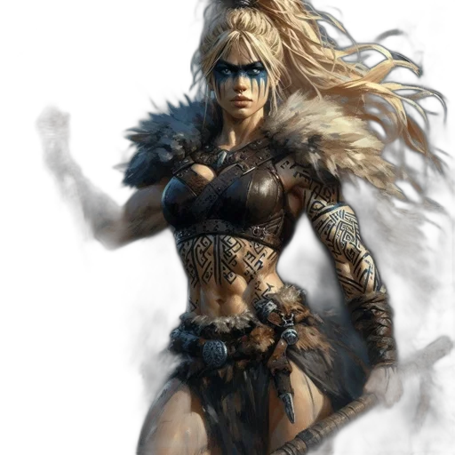 fantasy art, concept art, comic book art, photorealistic, dark, blonde, warrior, adorned transparent PNG cut-out