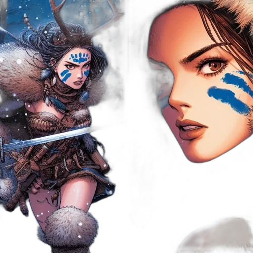 comic book art, concept art, fantasy art, photorealistic, snow, blue, two, panels transparent PNG cut-out