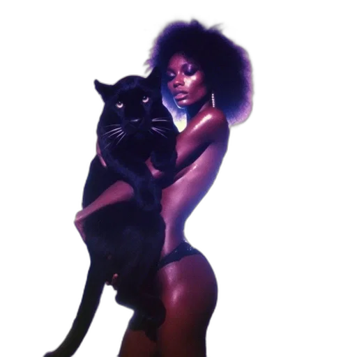 animal, concept art, woman, extensive, afro, holds, calm, panther transparent PNG cut-out