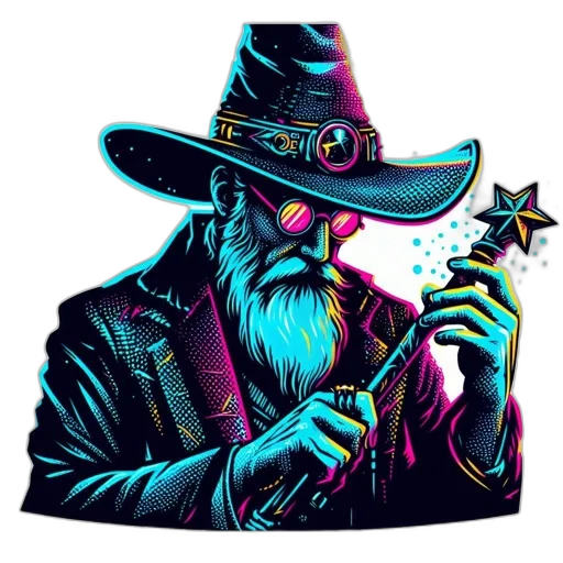 hat, staff, jacket, fantasy art, pixel art, concept art, vaporwave, neon lights transparent PNG cut-out
