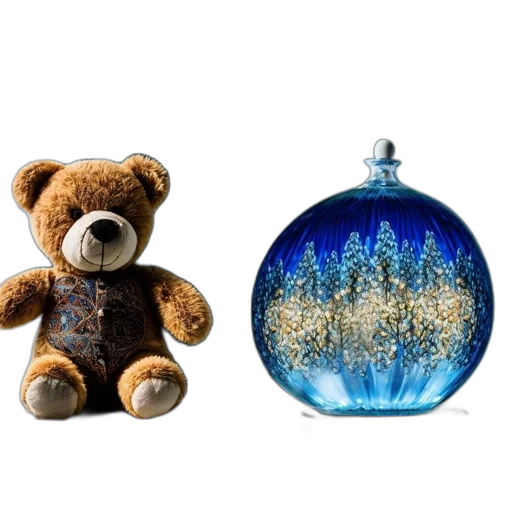 photorealistic, blue, cozy, indoor, scene, features, brown, teddy transparent PNG cut-out