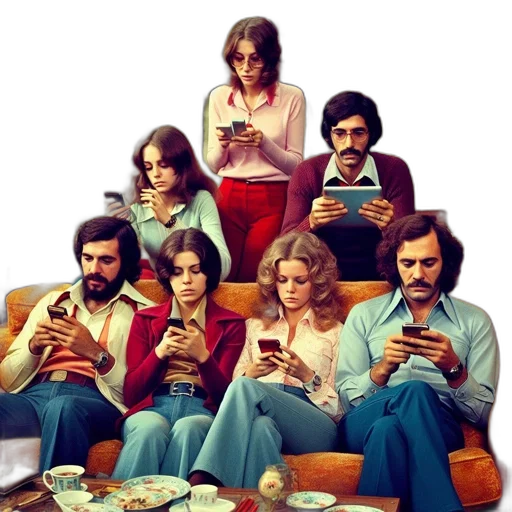 seven, individuals, 70s, 80s, attire, occupy, cozy, living transparent PNG cut-out