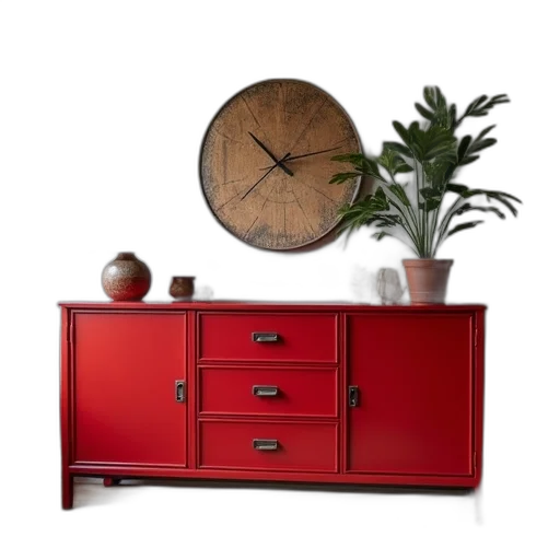 furniture, 3d render, photorealistic, red, earth tones, dark, industrial, dresser transparent PNG cut-out