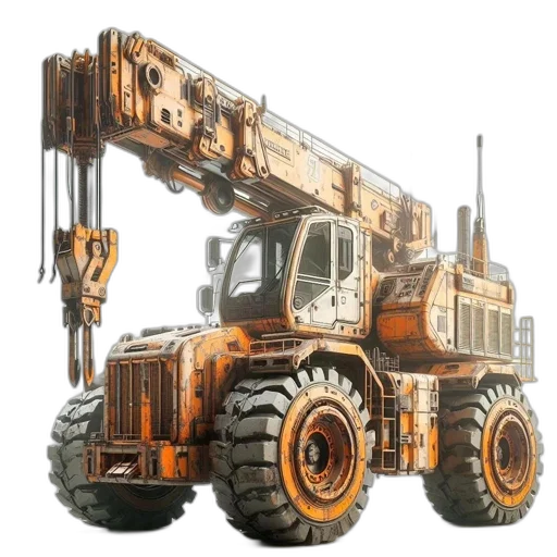 weapon, robot, concept art, 3d render, photorealistic, steam-powered, crane, intricate transparent PNG cut-out