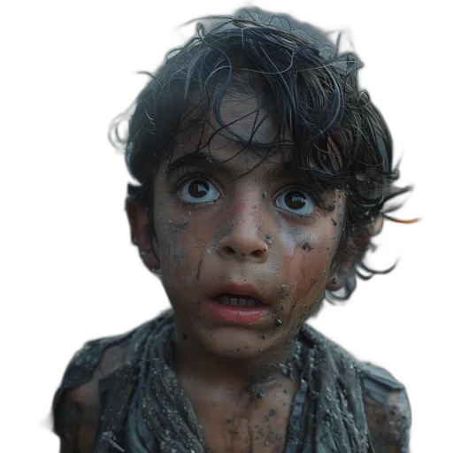 face, creature, weapon, animal, photorealistic, young, child, dirty transparent PNG cut-out