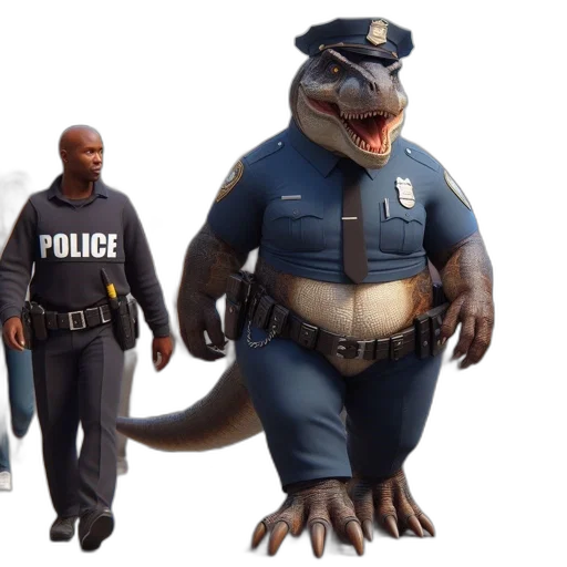concept art, 3d render, t-rex, police, uniform, walks, alongside, real-life transparent PNG cut-out
