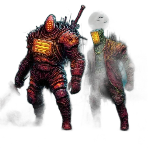robot, creature, mask, weapon, concept art, fantasy art, comic book art, pixel art transparent PNG cut-out