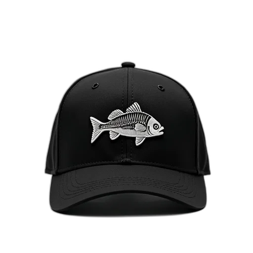 hat, 3d render, photorealistic, black, baseball, cap, fish, logo transparent PNG cut-out