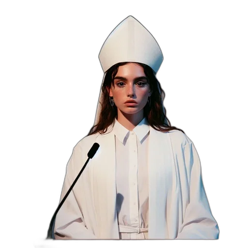 hat, jacket, staff, crown, young, woman, white, robe transparent PNG cut-out