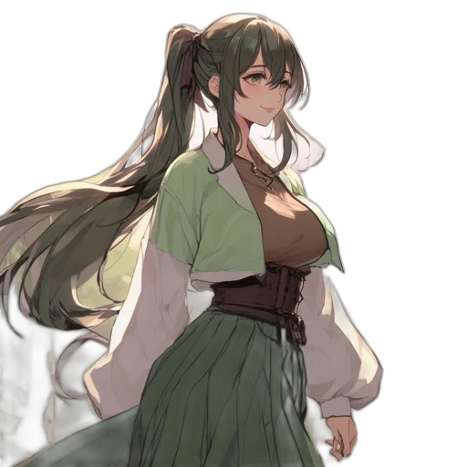 dress, staff, concept art, anime, fantasy art, pixel art, green, earth tones transparent PNG cut-out