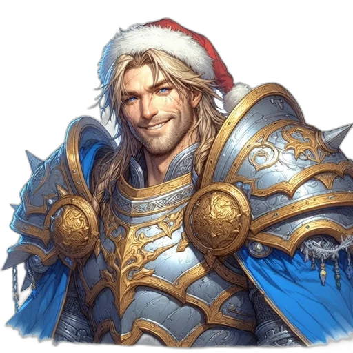 fantasy art, concept art, armored, man, sporting, santa, hat, donning transparent PNG cut-out