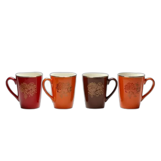 photorealistic, 3d render, earth tones, set, four, coffee, mugs, floral transparent PNG cut-out