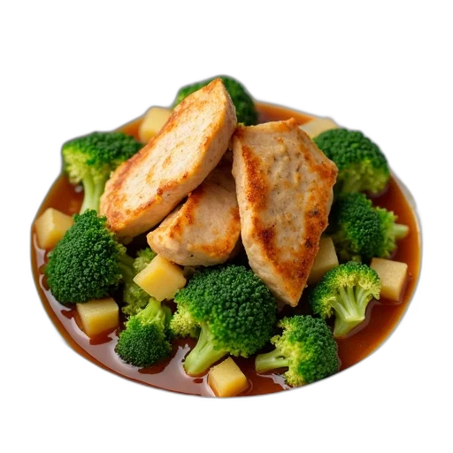 food, photorealistic, 3d render, dish, chicken, broccoli, sauce, served transparent PNG cut-out