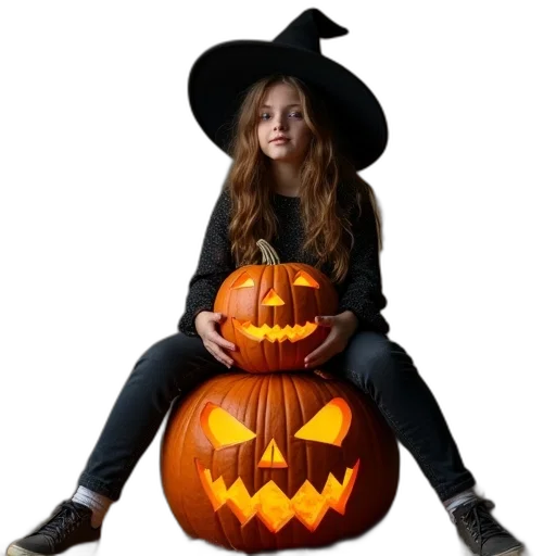 hat, photorealistic, young, woman, wearing, witch, holding, jackolah transparent PNG cut-out
