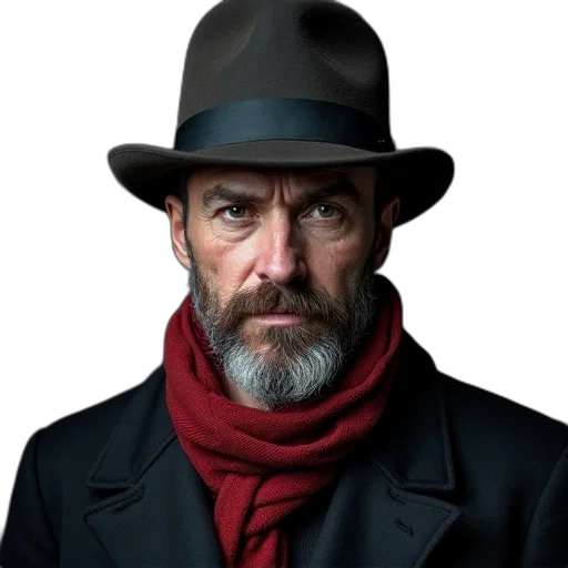 hat, jacket, face, staff, photorealistic, concept art, comic book art, red transparent PNG cut-out