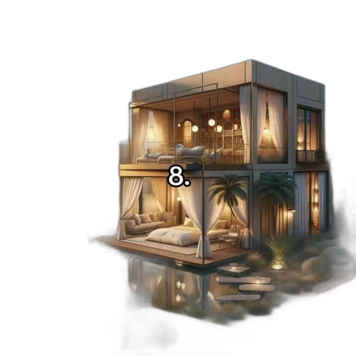 furniture, building, concept art, 3d render, photorealistic, fantasy art, rain, night transparent PNG cut-out