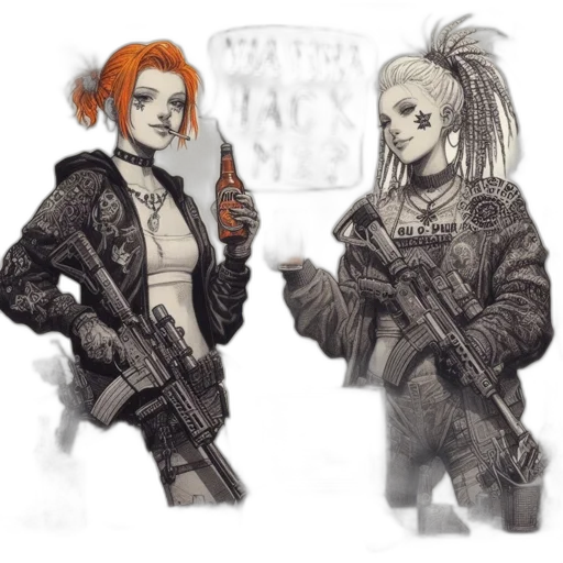 weapon, concept art, cyberpunk, comic book art, fantasy art, monochrome, two, females transparent PNG cut-out