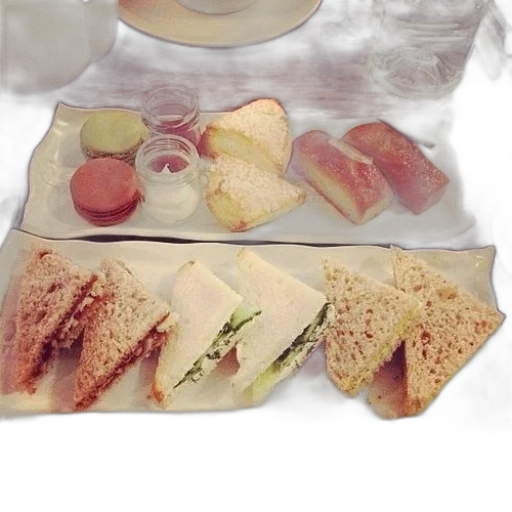 food, photorealistic, table, two, plates, sandwiches, pastries transparent PNG cut-out