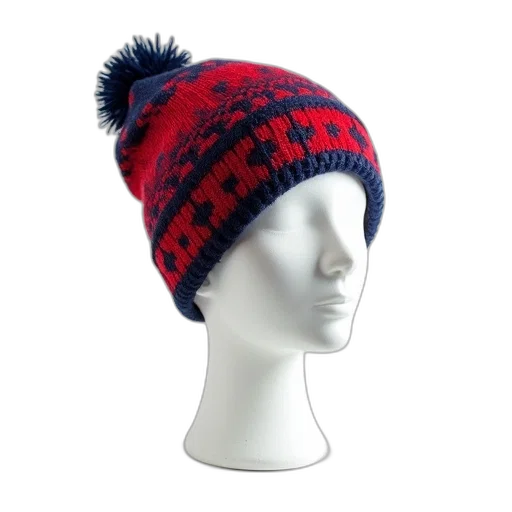 hat, mannequin, head, wearing, red, blue, knitted, patterned transparent PNG cut-out