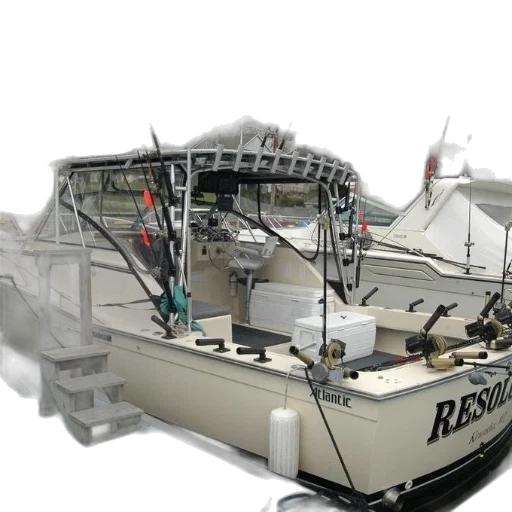 3d render, fishing, boat, named, resolute, docked, many, poles transparent PNG cut-out