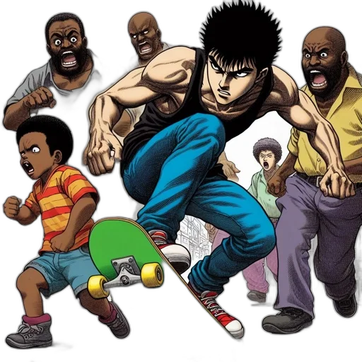 comic book art, concept art, cartoon, anime, young, male, skateboarder, spiky transparent PNG cut-out