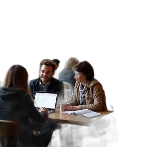 staff, furniture, 3d render, bustling, cafe, scene, multiple, patrons transparent PNG cut-out