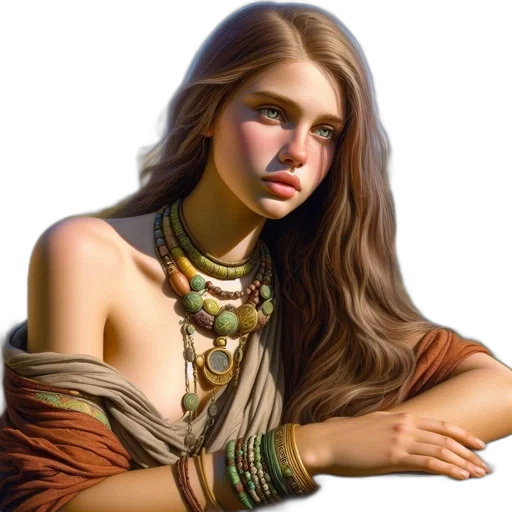 jewelry, face, fantasy art, photorealistic, oil painting, concept art, earth tones, golden transparent PNG cut-out