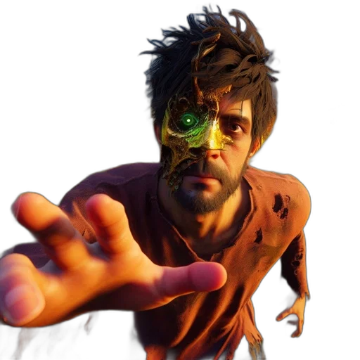 face, mask, creature, staff, concept art, 3d render, comic book art, cyberpunk transparent PNG cut-out