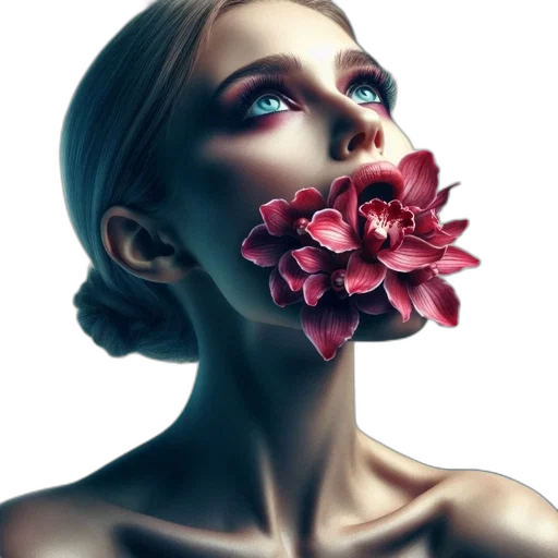 flower, face, mask, jewelry, photorealistic, oil painting, fantasy art, 3d render transparent PNG cut-out