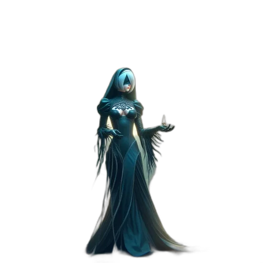 dress, creature, staff, robot, concept art, fantasy art, 3d render, pixel art transparent PNG cut-out