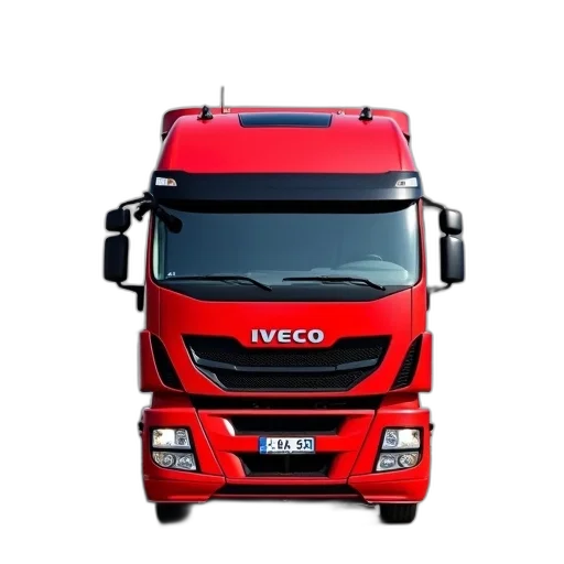 red, iveco, stralis, truck, parked, front, white, building transparent PNG cut-out