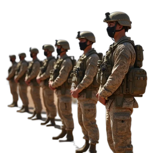 staff, weapon, group, soldiers, camouflage, uniforms, standing, line transparent PNG cut-out