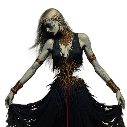 dress, staff, jewelry, creature, concept art, fantasy art, 3d render, photorealistic transparent PNG cut-out