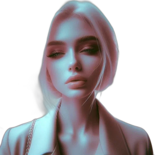 face, jacket, robot, hair, photorealistic, 3d render, cyberpunk, vaporwave transparent PNG cut-out