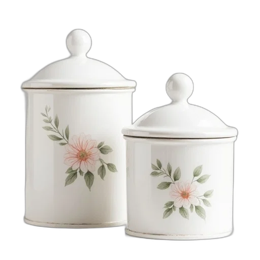 3d render, photorealistic, piece, canister, set, white, floral, design transparent PNG cut-out