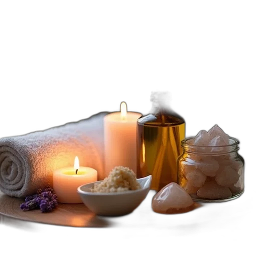photorealistic, earth tones, serene, spa, setting, lit, candle, folded transparent PNG cut-out