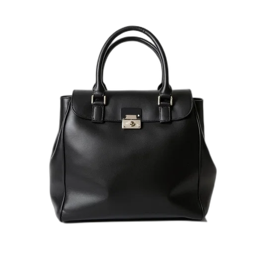 black, leather, handbag, silver, buckle, placed, white, background transparent PNG cut-out