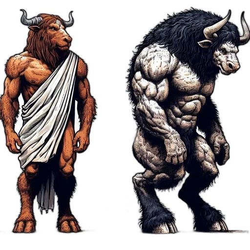 concept art, comic book art, fantasy art, two, mythical, creatures, half-human, half-bull transparent PNG cut-out
