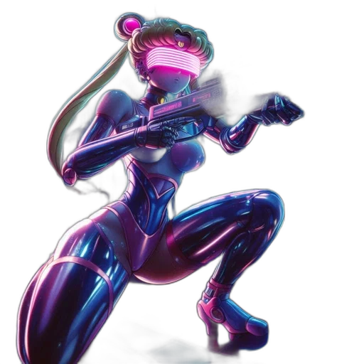 robot, weapon, mask, concept art, vaporwave, cyberpunk, 3d render, neon lights transparent PNG cut-out