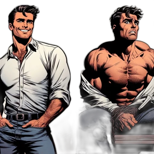 comic book art, concept art, cartoon, two, contrasting, images, showcase, man transparent PNG cut-out