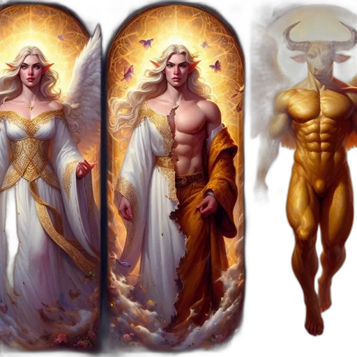 fantasy art, concept art, comic book art, golden, three, figures, each, wings transparent PNG cut-out