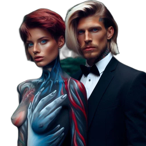 cyberpunk, comic book art, concept art, fantasy art, neon lights, couple, stands, together transparent PNG cut-out