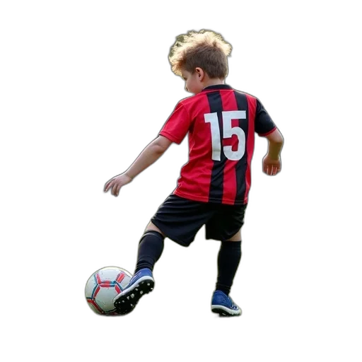 photorealistic, young, boy, red, black, soccer, jersey, number transparent PNG cut-out