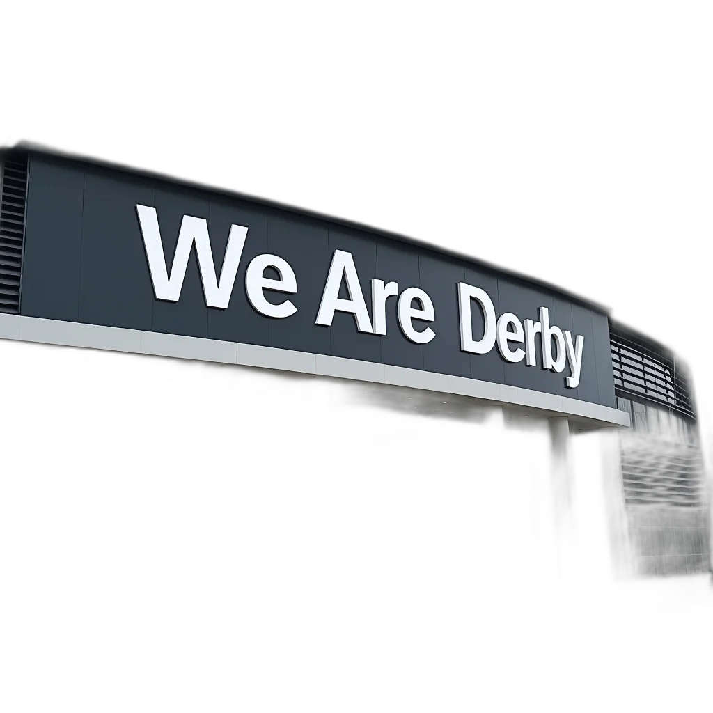 3d render, exterior, stadium, large, sign, reads, derby, white transparent PNG cut-out
