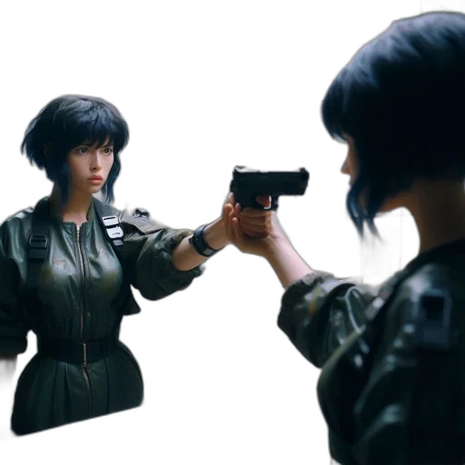 weapon, jacket, robot, concept art, cyberpunk, 3d render, photorealistic, outer space transparent PNG cut-out