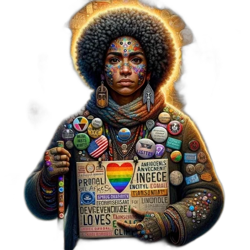 jacket, artwork, features, figure, afro, hairstyle, adorned, diverse transparent PNG cut-out