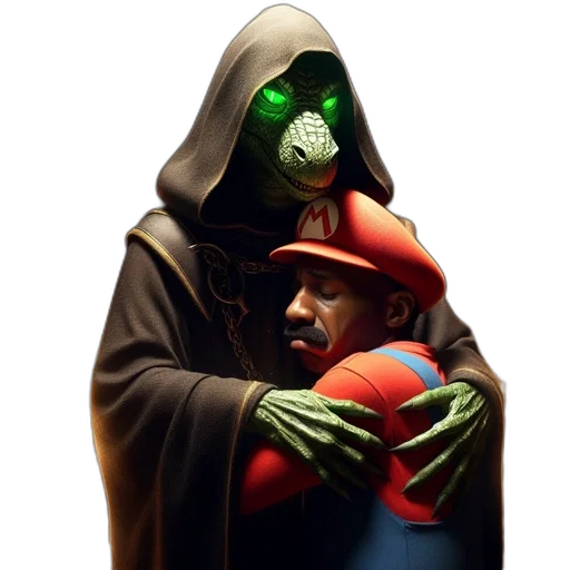 mask, concept art, comic book art, outer space, green-skinned, creature, embraces, man transparent PNG cut-out